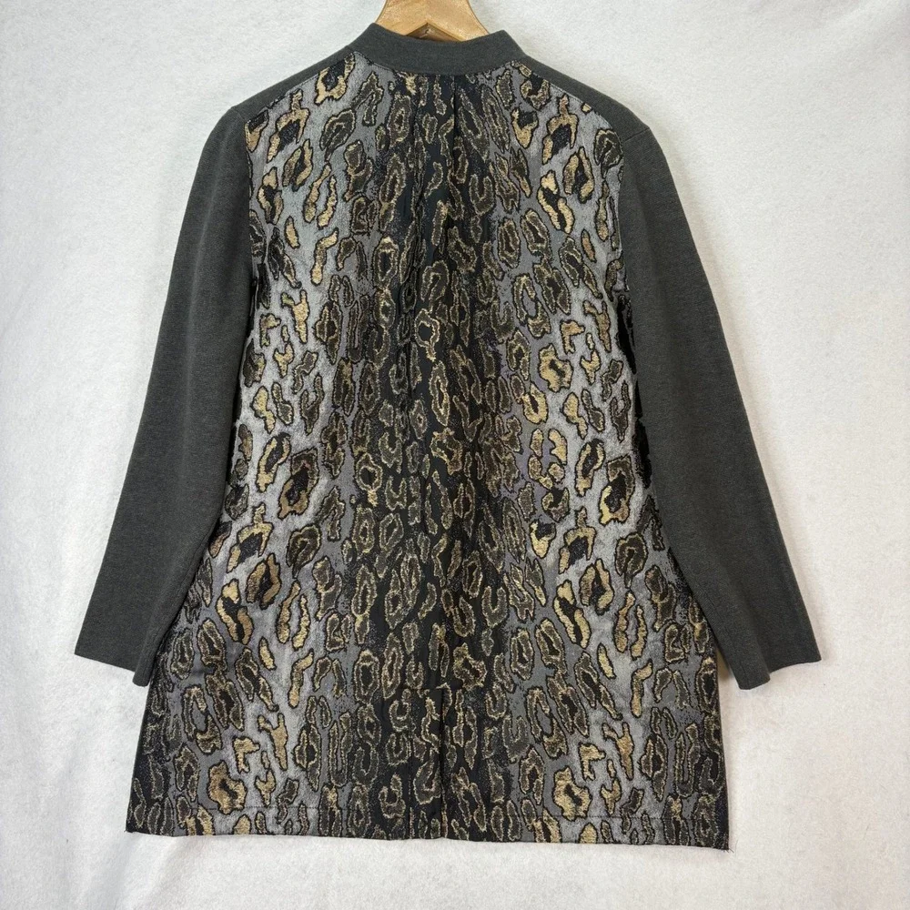 Chico's Womens Sz 2 (L) Gray Longline Jacket Cardigan‎ Animal Print Back Pockets